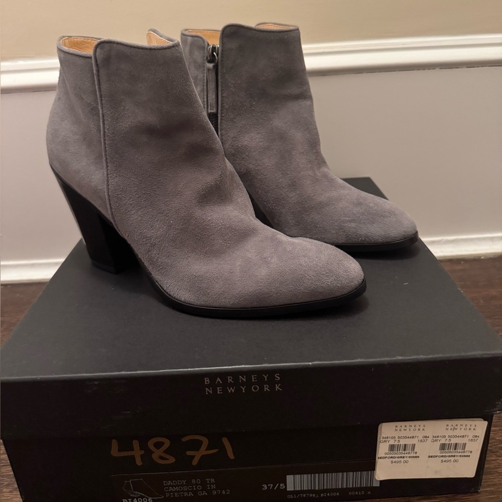 Barneys New York Gray Heeled Boots Suede Block Heel